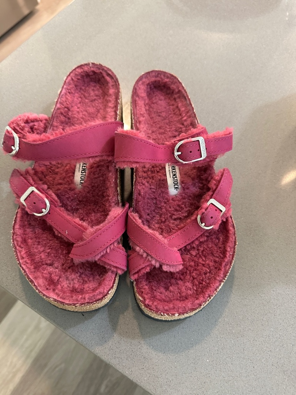 Birkenstock womens Fuchsia Shearling Two-Strap Sandals